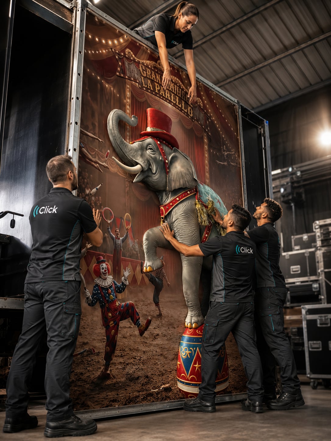 2.5-metre circus elephant 3D printed by Click Comunicación, being assembled in the workshop